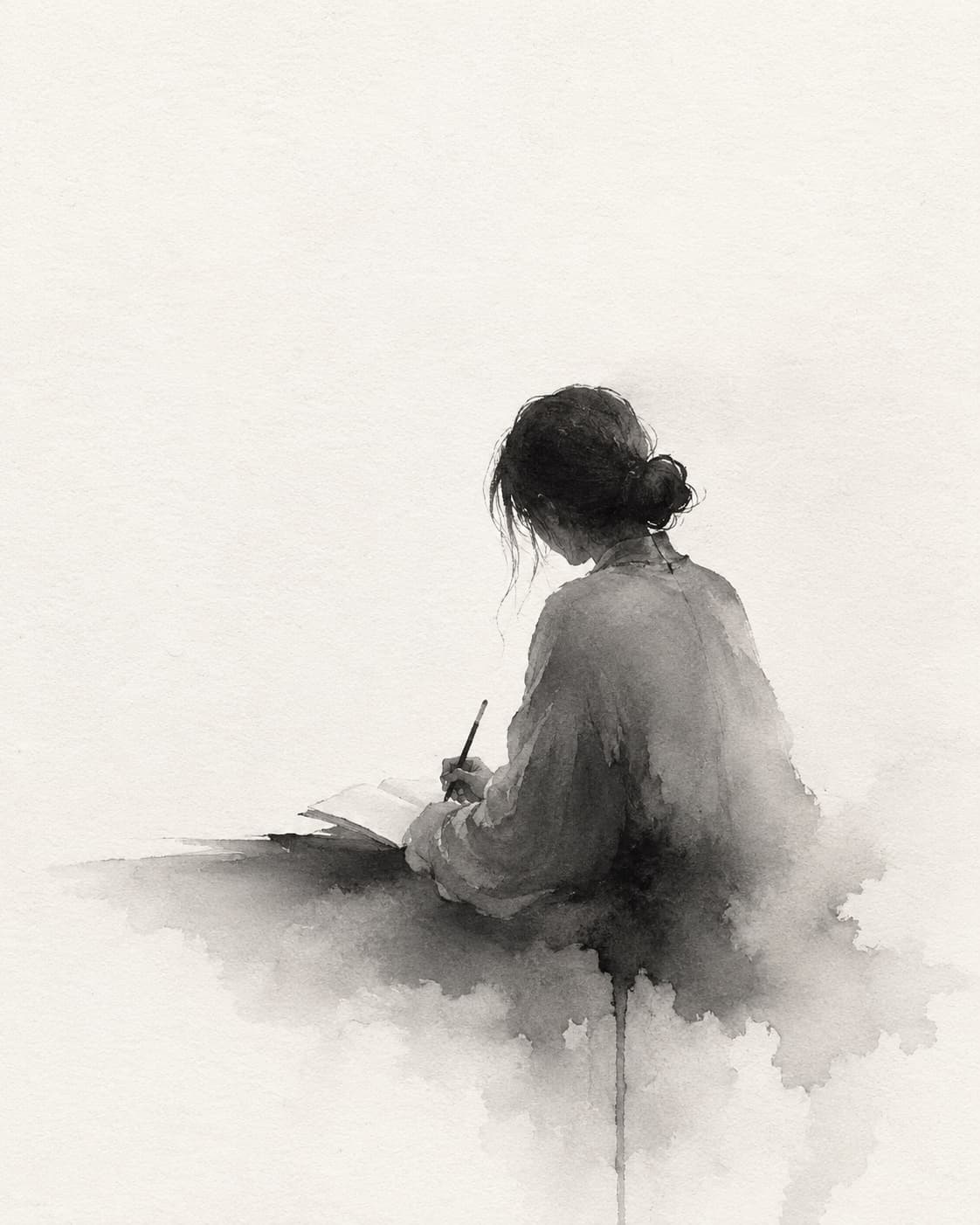 An ink-wash of the poet at her writing, seen from behind, dissolving into the paper.